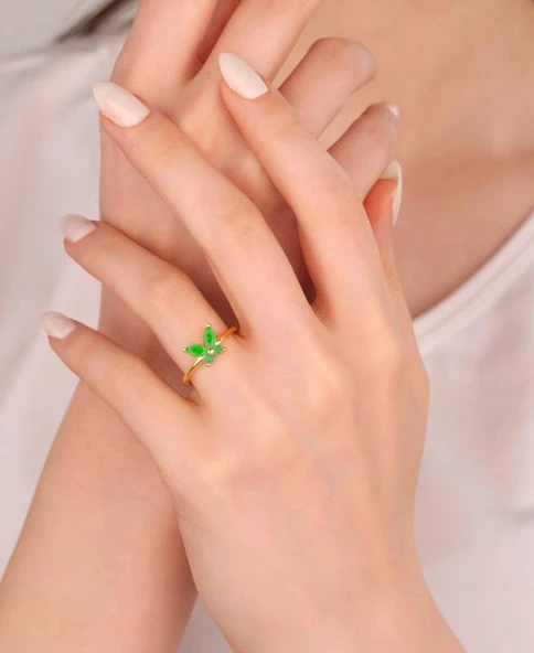 Zümrüt Yeşili Renkli Taşlı Kelebek Gümüş Yüzük - Resim 5