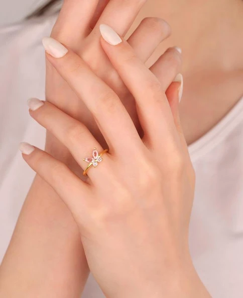 Pembe Renkli Taşlı Kelebek Gümüş Yüzük - Resim 5