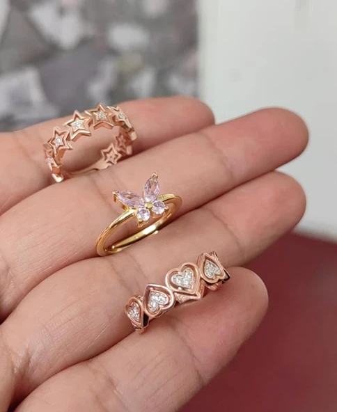 Pembe Renkli Taşlı Kelebek Gümüş Yüzük - Resim 6