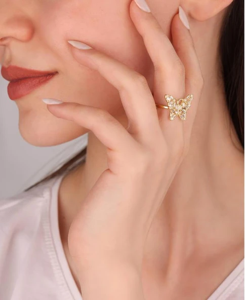 Baget Taşlı Gümüş Kelebek Yüzük - Ayarlanabilir Ölçü - 6