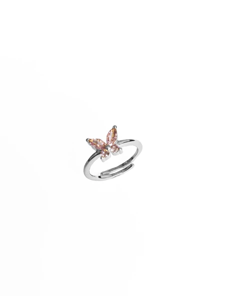 Pembe Renkli Taşlı Kelebek Gümüş Yüzük - 3