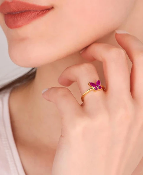 Mercan Renkli Taşlı Kelebek Gümüş Yüzük - Resim 5