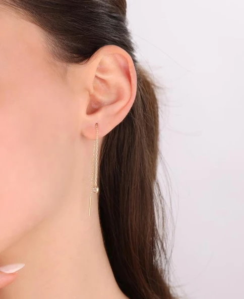 Zincirli Tek Taşlı Gümüş Küpe - 6