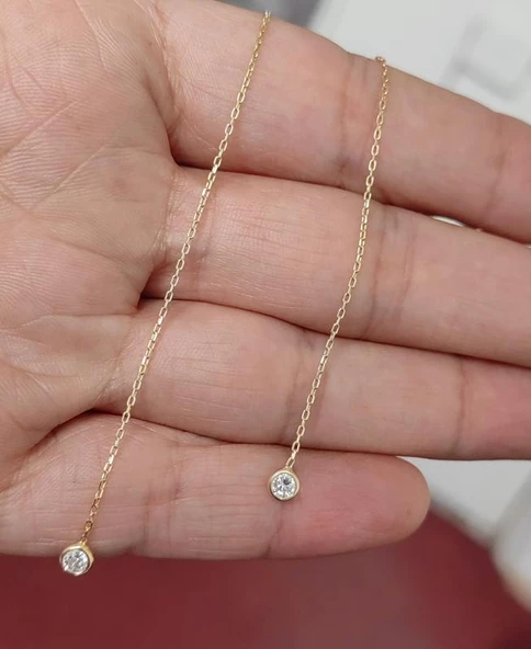 Zincirli Tek Taşlı Gümüş Küpe - 2