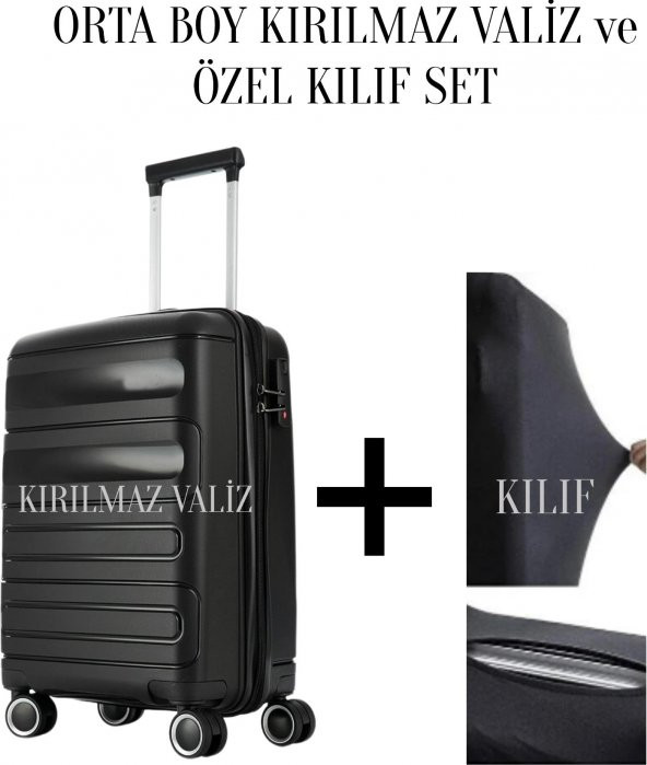 Kırılmaz Valiz Kılf Set Orta Boy Siyah Polipropilen Gövdeli 8683255012411