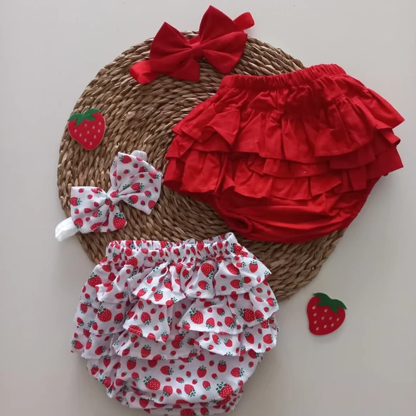 MARS BABY Kız Bebek Kırmızı Çilek Desenli Fırfır Şort Etek Bandana Takımı