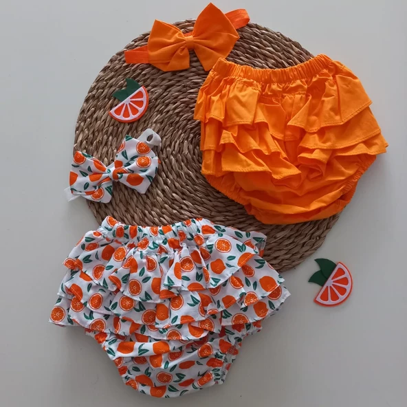 MARS BABY Kız Bebek Turuncu Portakal Desenli Fırfır Şort Etek Bandana Takımı