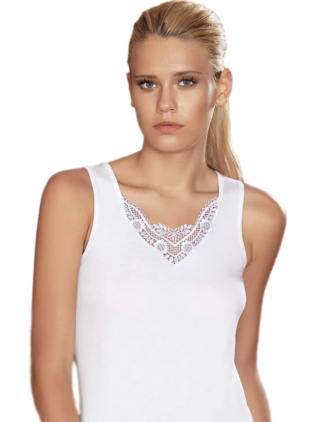 Şahinler MB011 Kadın Büyük Beden Motifli Askılı Atlet  Beyaz 3XL