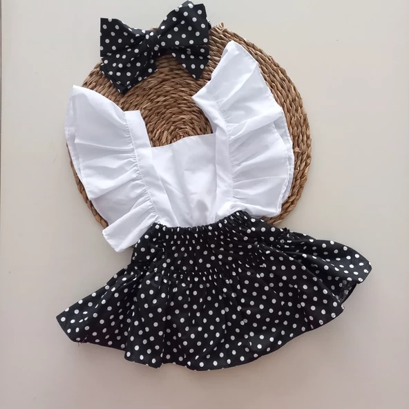 MARS BABY Kız Bebek Siyah Puantiye Desenli Fırfırlı Salopet Bandana Takım