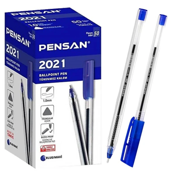 Pensan 2021 Üçgen Şeffaf Gövdeli Tükenmez Kalem Mavi 50li Kutu
