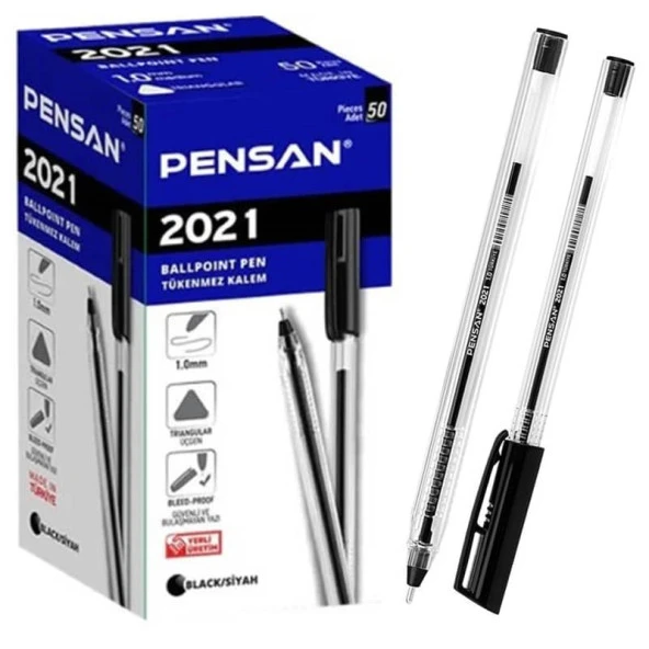 Pensan 2021 Üçgen Şeffaf Gövdeli Tükenmez Kalem Siyah 50li Kutu