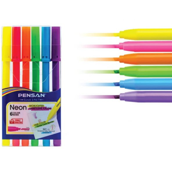 Pensan Kesik Uçlu Keçeli İşaretleme Kalemi 6 Renk Neon