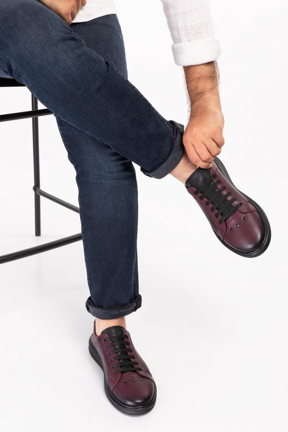 Shoeter-M1512 Erkek Günlük Hakiki Deri Ortopedik Bordo&Siyah Sneaker Ayakkabı