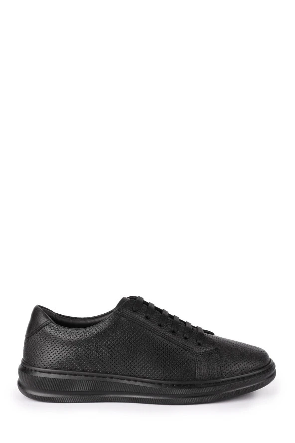 Shoeter-M1507 Hakiki Deri Ortopedik Siyah Baskılı Sneaker Ayayakkabı