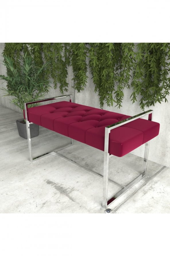 Antre Bench Puf Metal Ayaklı Puf (Gümüş Ayak Kırmızı Döşeme)