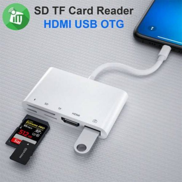 Polham Apple İpad ve İphone İçin Lightning 5in1 HDMI, OTG USB, TF, SD Kart Okuyucu Adaptör Kablosu - 3