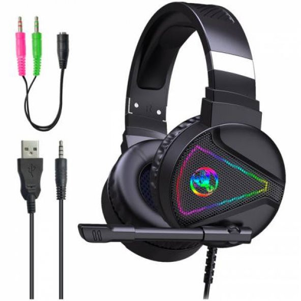 Polham RGB Işıklı Kulaküstü Mikrofonlu Oyuncu Kulaklığı, 3.5mm ve USB Girişli 2.1 Metre Kulaklık