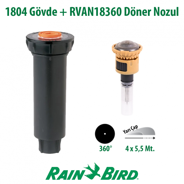 Rain Bird RVAN18360 Döner Nozul Tam Tur 4 - 5,5 Mt. ve  1804 Profesyonel Sprey Gövde Seti
