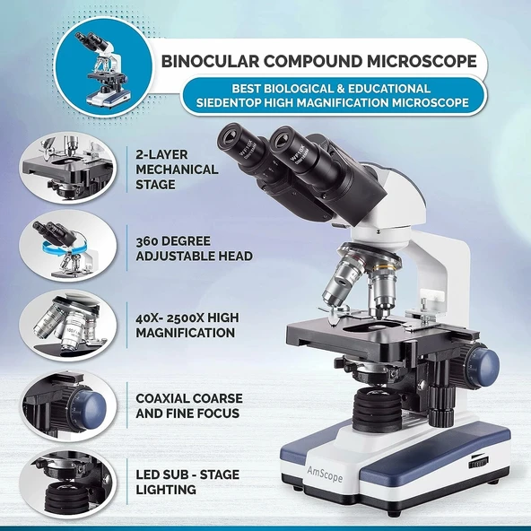 AmScope 40X-2500X LED Dijital Binoküler Bileşik Mikroskop 0.3MP Kamera - 2