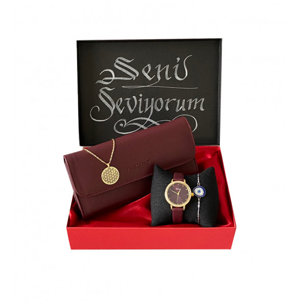 KADIN BORDO KOL SAATİ-CÜZDAN-KOLYE-BİLEKLİK SET