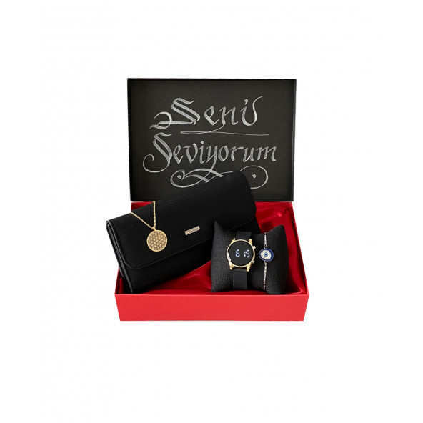 Siyah Kadın Cüzdan Kol Saati Kolye Ve Bileklik Hediye Seti