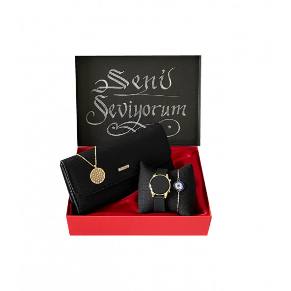 Siyah Kadın Cüzdan Kol Saati Kolye Ve Bileklik Hediye Seti - 2