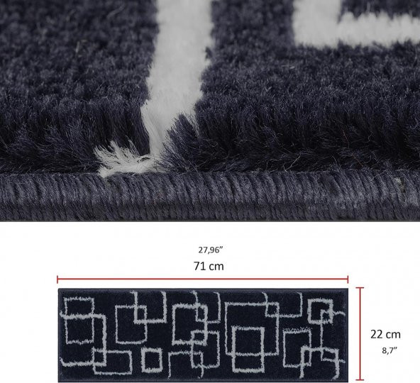 Glary Home GH40A-WNVY Kare Desenli Kaydırmaz Tabanlı 13lü Merdiven Halısı - Beyaz/Lacivert - 4