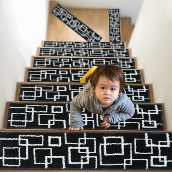 Glary Home GH40A-WNVY Kare Desenli Kaydırmaz Tabanlı 13lü Merdiven Halısı - Beyaz/Lacivert - 8
