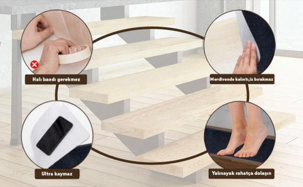 Glary Home GH13A-B Düz Desenli Kaydırmaz Tabanlı 13lü Merdiven Halısı - Siyah - 8