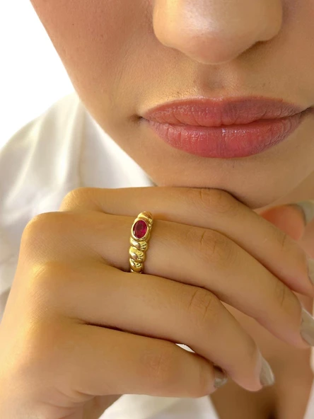 14 Ayar Altın Yakut Taşlı Üst Kalite Yüzük - 4