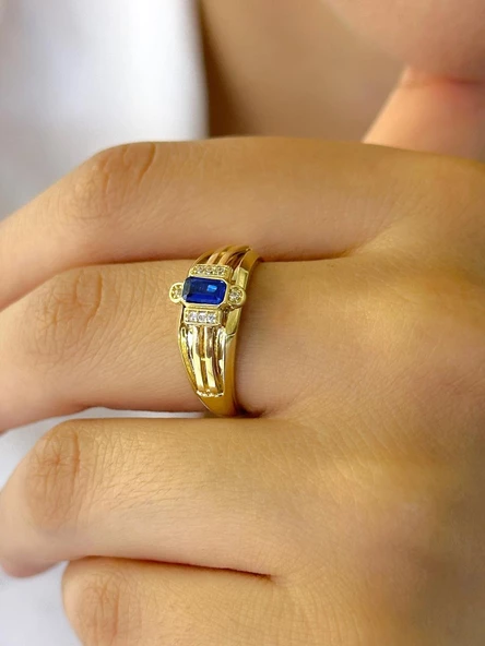 Baget Safir Taşlı Pırlanta Modeli 14 Ayar Altın Yüzük - 2
