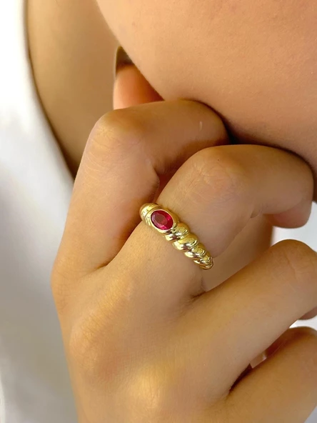 14 Ayar Altın Yakut Taşlı Üst Kalite Yüzük - 2