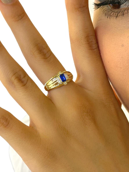 Baget Safir Taşlı Pırlanta Modeli 14 Ayar Altın Yüzük - 4