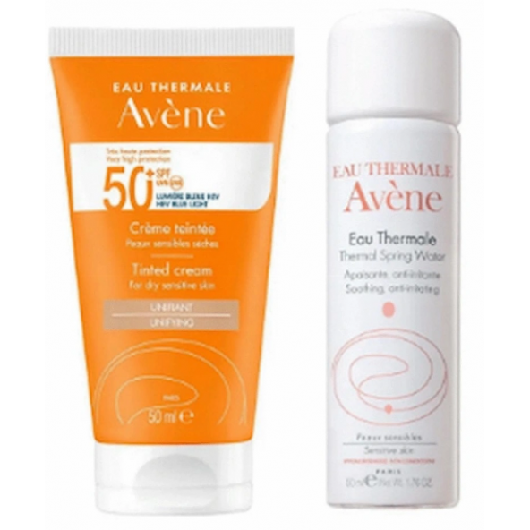 Avene Set 3 - Avene Solaire SPF 50+ Renkli Güneş Kremi 50 ml - Avene Termal Su 50 ml