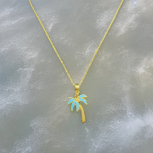 Gökyüzünden Esinlenen Şıklık: Altın Kaplama Mavi Palmiye Sembol Özel Günler Şık Bijuteri Kadın Kolye ürün görseli 1