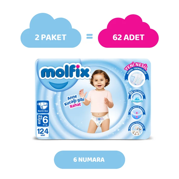 Molfix Bebek Bezi 6 Beden E.Large Hiper Ekonomi Paketi 124 Adet - 2
