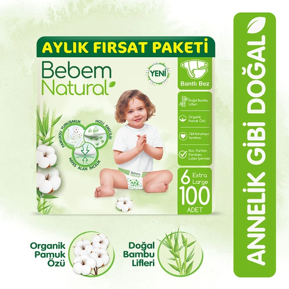 Bebem Natural Bebek Bezi 6 Beden Ekstra Large Aylık Fırsat Paketi 100 Adet