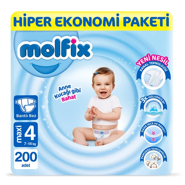 Molfix Bebek Bezi 4 Beden Maxi Hiper Ekonomi Paketi 200 Adet