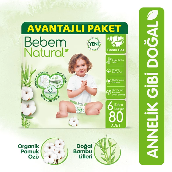 Bebem Natural Bebek Bezi 6 Beden Ekstra Large Avantajlı Paket 80 Adet