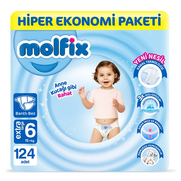 Molfix Bebek Bezi 6 Beden E.Large Hiper Ekonomi Paketi 124 Adet