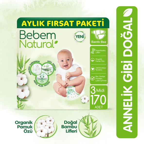 Bebem Natural Bebek Bezi 3 Beden Midi Aylık Fırsat Paketi 170 Adet