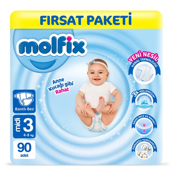 Molfix Bebek Bezi 3 Beden Midi Fırsat Paketi 90 Adet