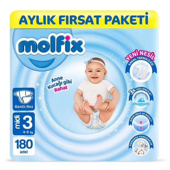 Molfix Bebek Bezi 3 Beden Midi Aylık Fırsat Paketi 180 Adet