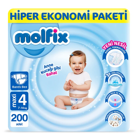 Molfix Bebek Bezi 4 Beden Maxi Hiper Ekonomi Paketi 200 Adet