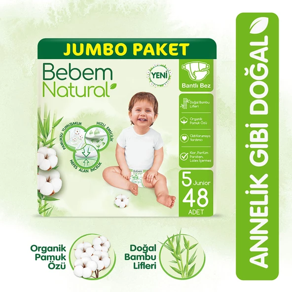 Bebem Natural Bebek Bezi 5 Beden Junior Jumbo Paket 48 Adet