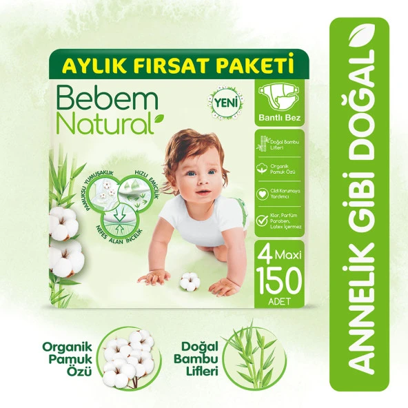Bebem Natural Bebek Bezi 4 Beden Maxi Aylık Fırsat Paketi 150 Adet