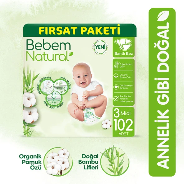 Bebem Natural Bebek Bezi 3 Beden Midi Fırsat Paketi 102 Adet