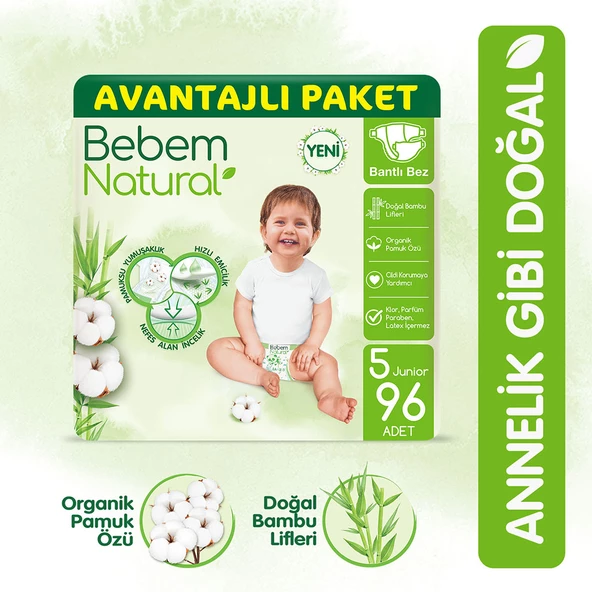 Bebem Natural Bebek Bezi 5 Beden Junior Avantajlı Paket 96 Adet