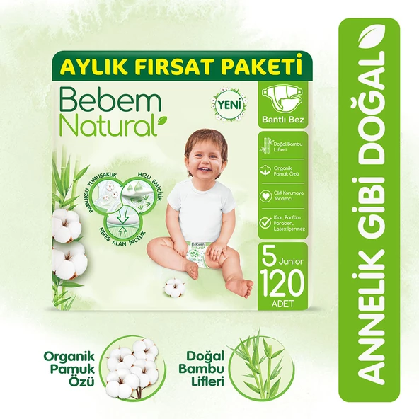 Bebem Natural Bebek Bezi 5 Beden Junior Aylık Fırsat Paketi 120 Adet