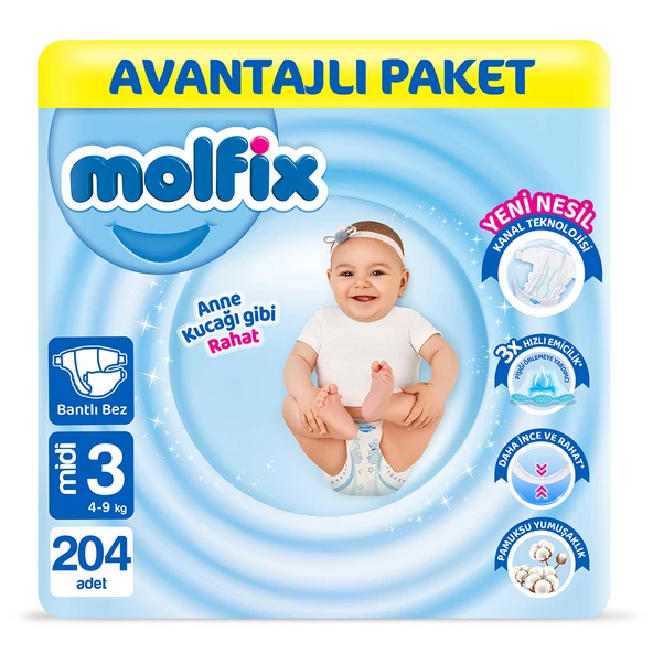 Molfix Bebek Bezi 3 Beden Midi Avantajlı Paket 204 Adet